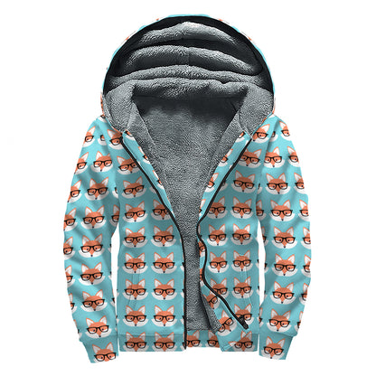 Fox With Glasses Pattern Print Sherpa Lined Zip Up Hoodie