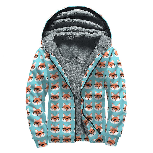 Fox With Glasses Pattern Print Sherpa Lined Zip Up Hoodie