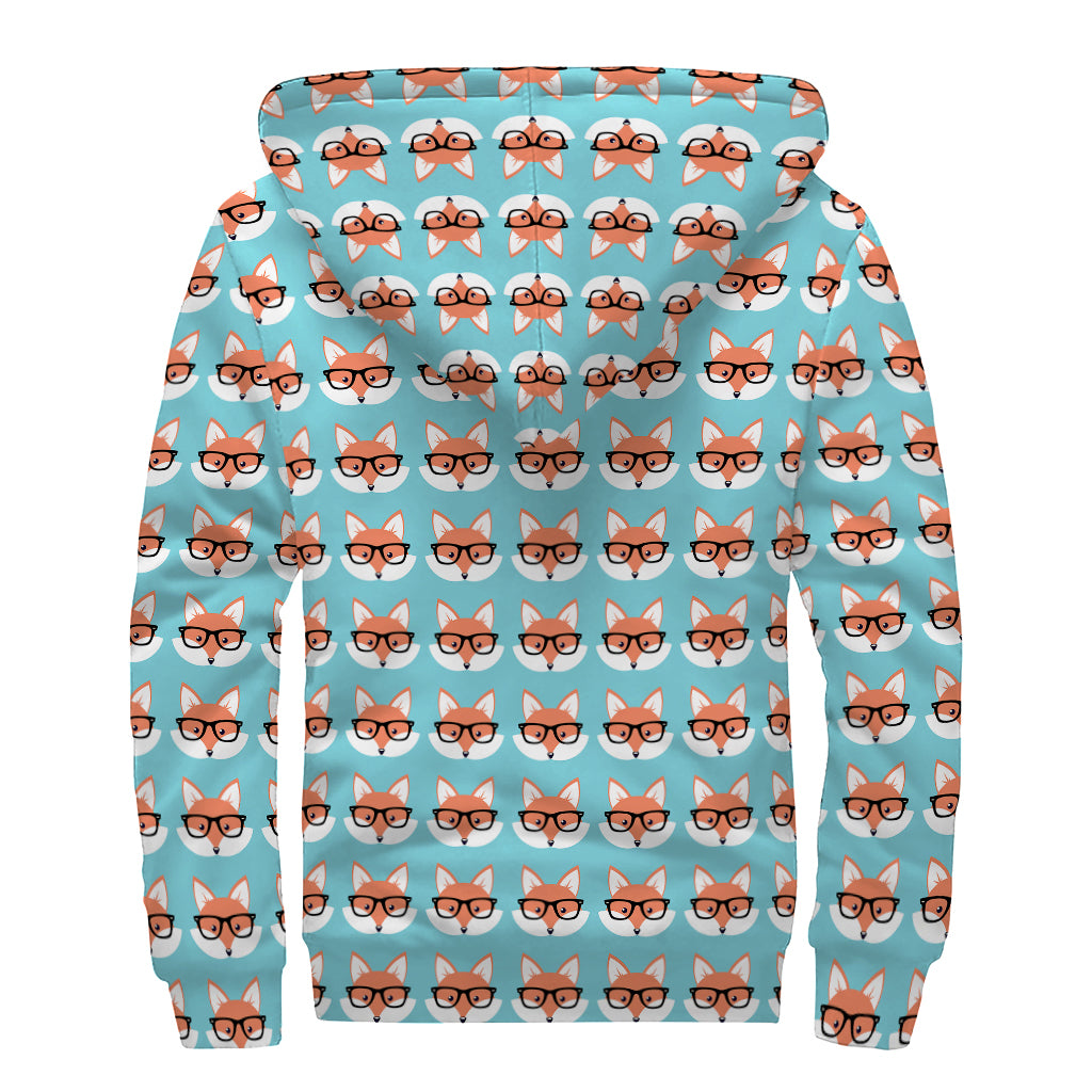 Fox With Glasses Pattern Print Sherpa Lined Zip Up Hoodie