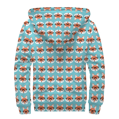 Fox With Glasses Pattern Print Sherpa Lined Zip Up Hoodie