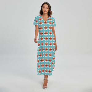 Fox With Glasses Pattern Print Short Sleeve Maxi Dress