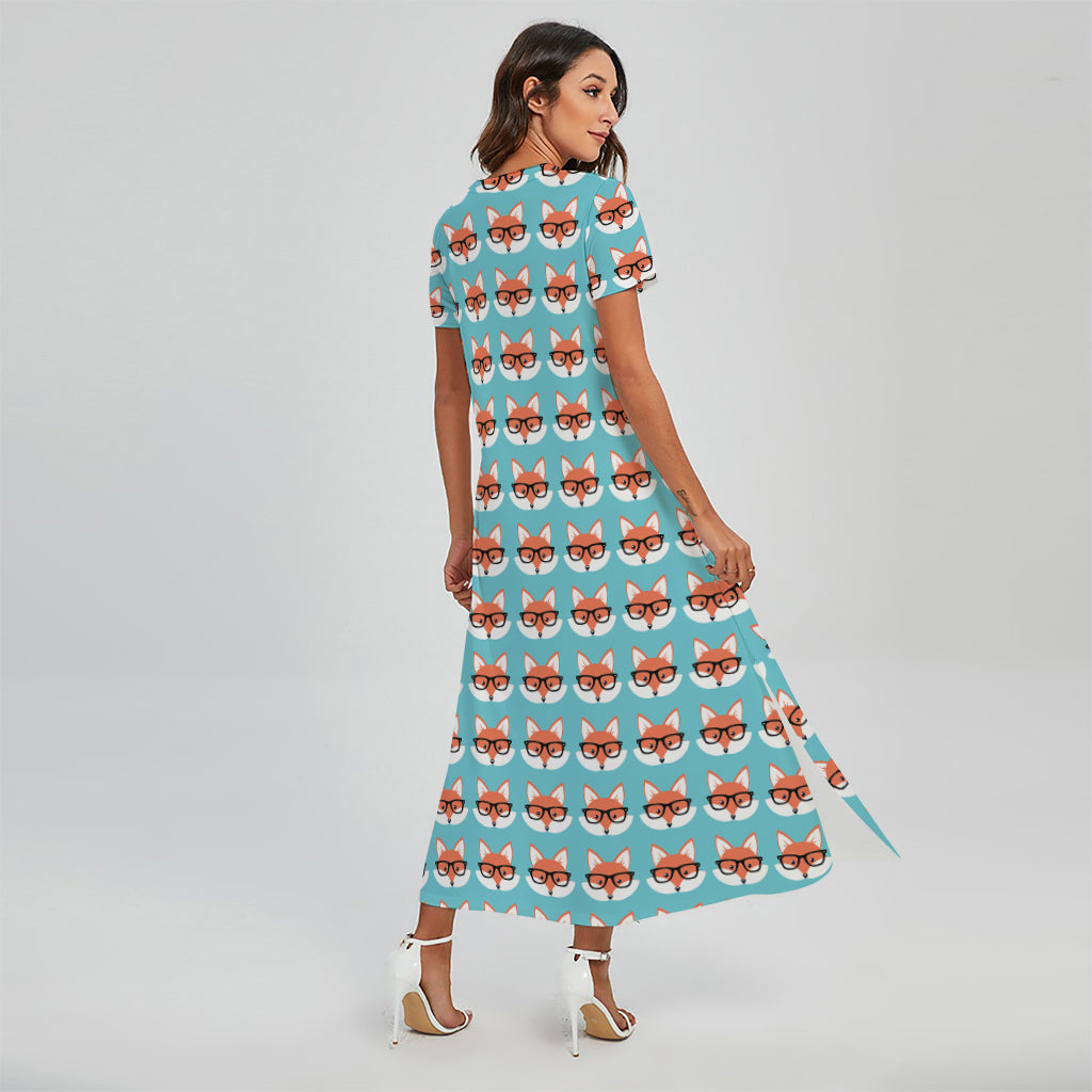 Fox With Glasses Pattern Print Short Sleeve Maxi Dress