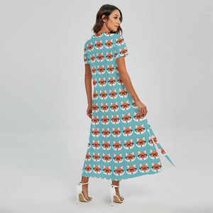 Fox With Glasses Pattern Print Short Sleeve Maxi Dress