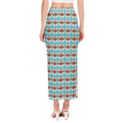 Fox With Glasses Pattern Print Side Slit Maxi Skirt