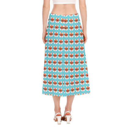 Fox With Glasses Pattern Print Side Slit Midi Skirt