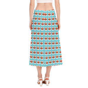 Fox With Glasses Pattern Print Side Slit Midi Skirt