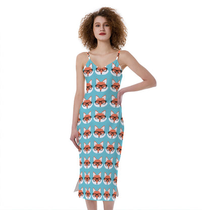 Fox With Glasses Pattern Print Slim Fit Midi Cami Dress