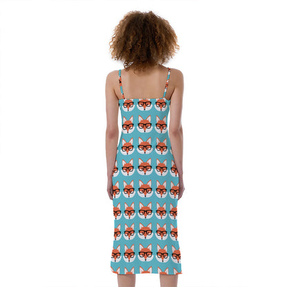 Fox With Glasses Pattern Print Slim Fit Midi Cami Dress
