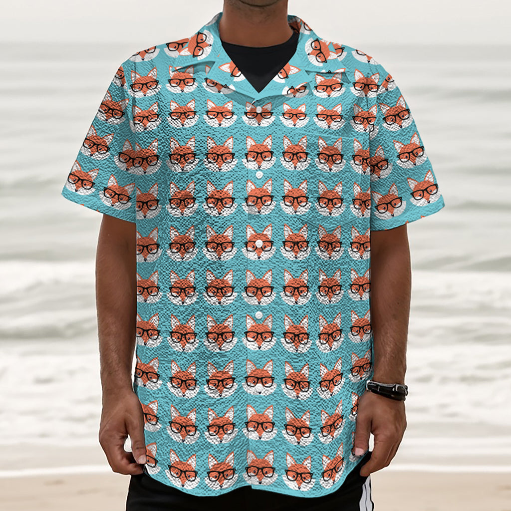 Fox With Glasses Pattern Print Textured Short Sleeve Shirt