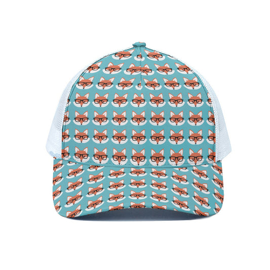 Fox With Glasses Pattern Print White Mesh Trucker Cap