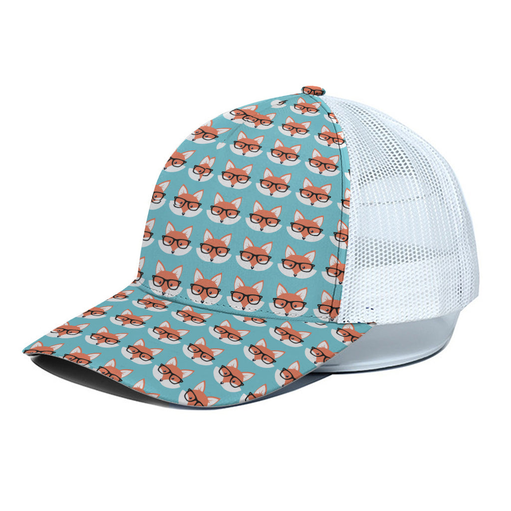 Fox With Glasses Pattern Print White Mesh Trucker Cap