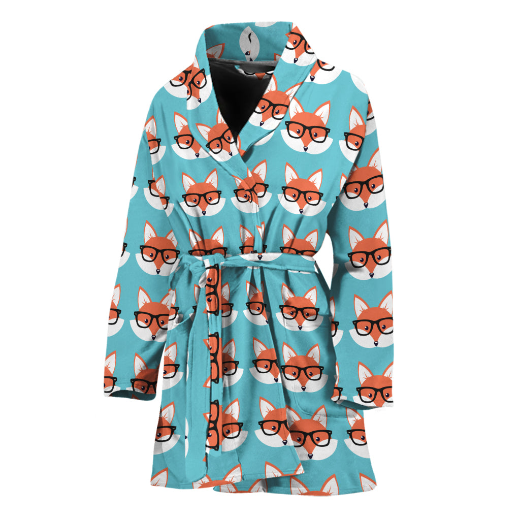 Fox With Glasses Pattern Print Women's Bathrobe