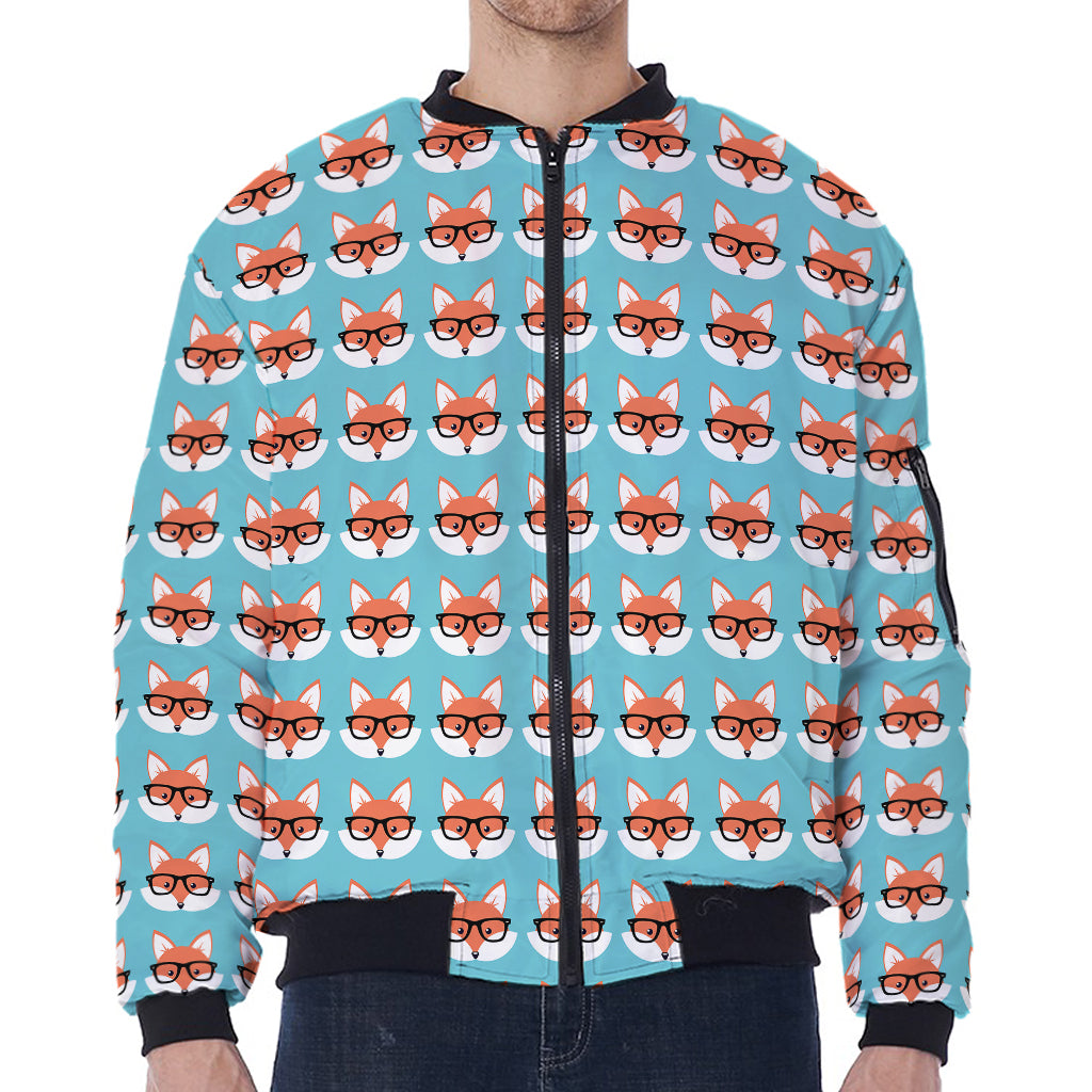Fox With Glasses Pattern Print Zip Sleeve Bomber Jacket