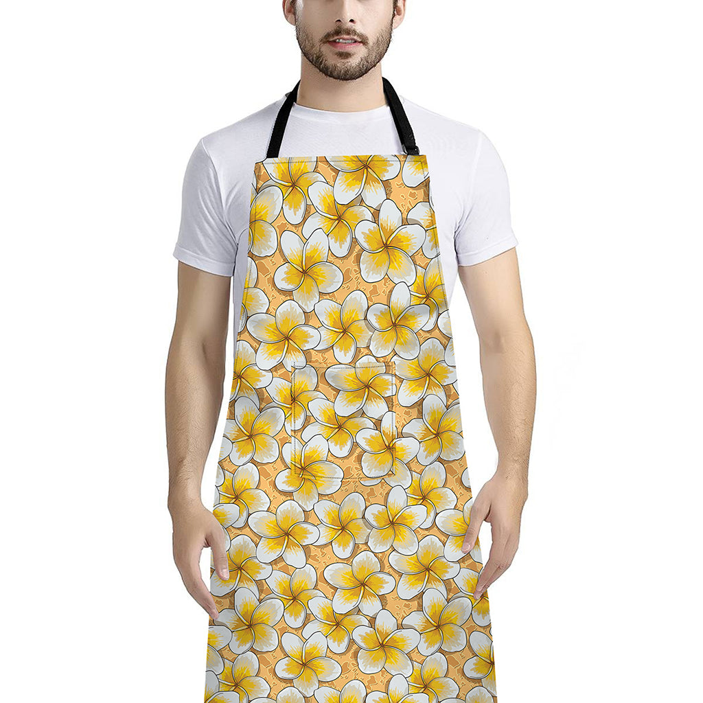 Frangipani Flower Pattern Print Bib Apron With Pocket