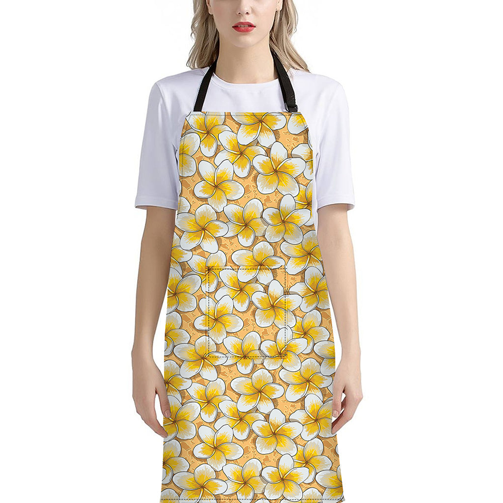Frangipani Flower Pattern Print Bib Apron With Pocket