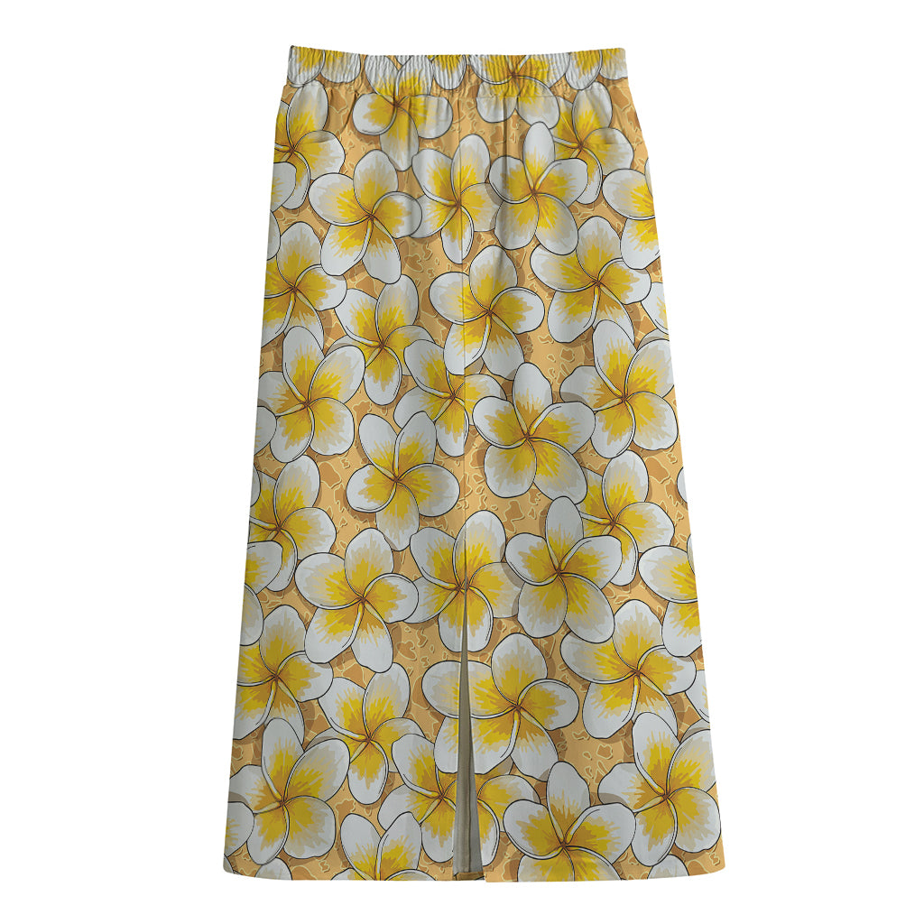 Frangipani Flower Pattern Print Cotton Front Slit Maxi Skirt