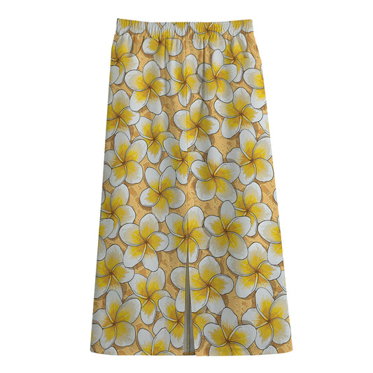 Frangipani Flower Pattern Print Cotton Front Slit Maxi Skirt