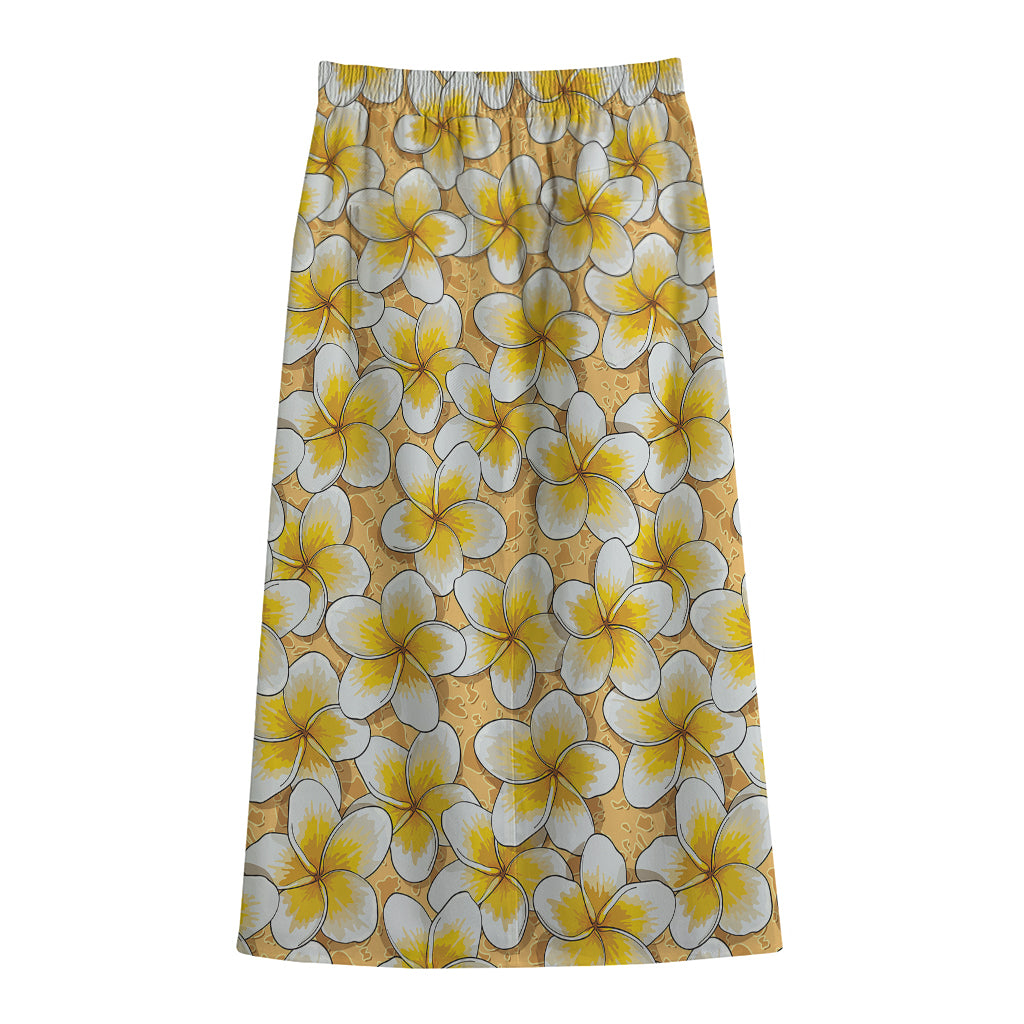 Frangipani Flower Pattern Print Cotton Front Slit Maxi Skirt