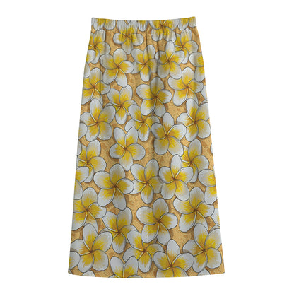 Frangipani Flower Pattern Print Cotton Front Slit Maxi Skirt