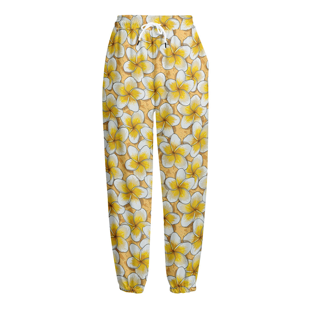 Frangipani Flower Pattern Print Fleece Lined Knit Pants