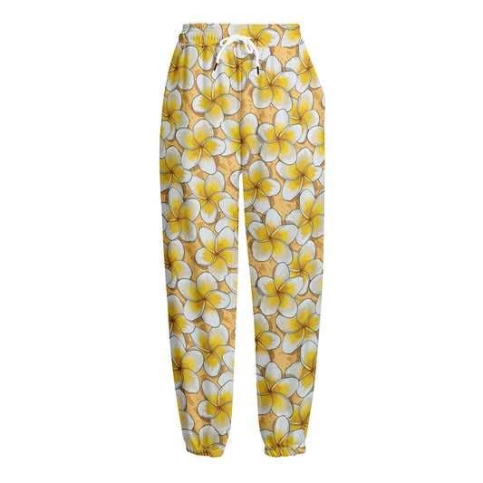 Frangipani Flower Pattern Print Fleece Lined Knit Pants