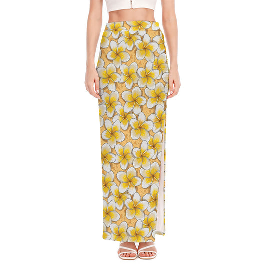 Frangipani Flower Pattern Print High Slit Maxi Skirt