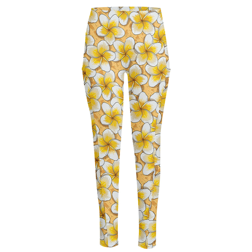 Frangipani Flower Pattern Print High-Waisted Pocket Leggings