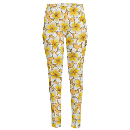 Frangipani Flower Pattern Print High-Waisted Pocket Leggings