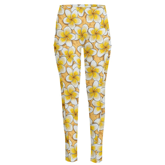 Frangipani Flower Pattern Print High-Waisted Pocket Leggings