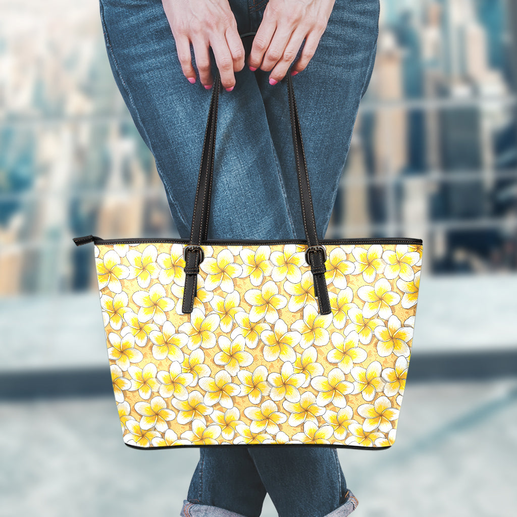 Frangipani Flower Pattern Print Leather Tote Bag