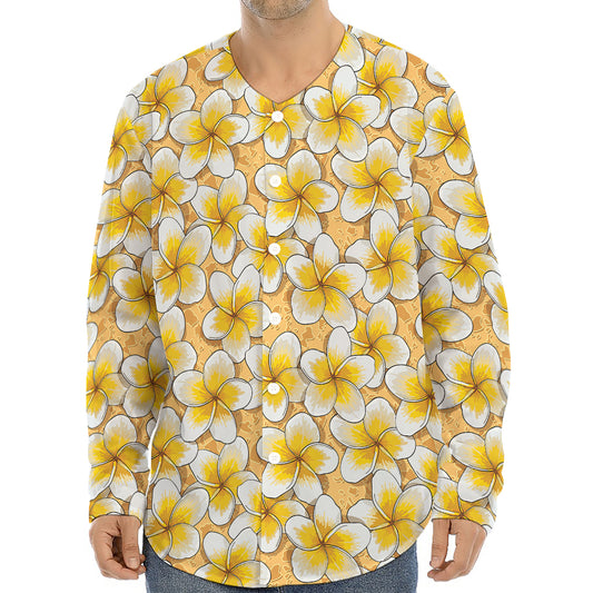Frangipani Flower Pattern Print Long Sleeve Baseball Jersey