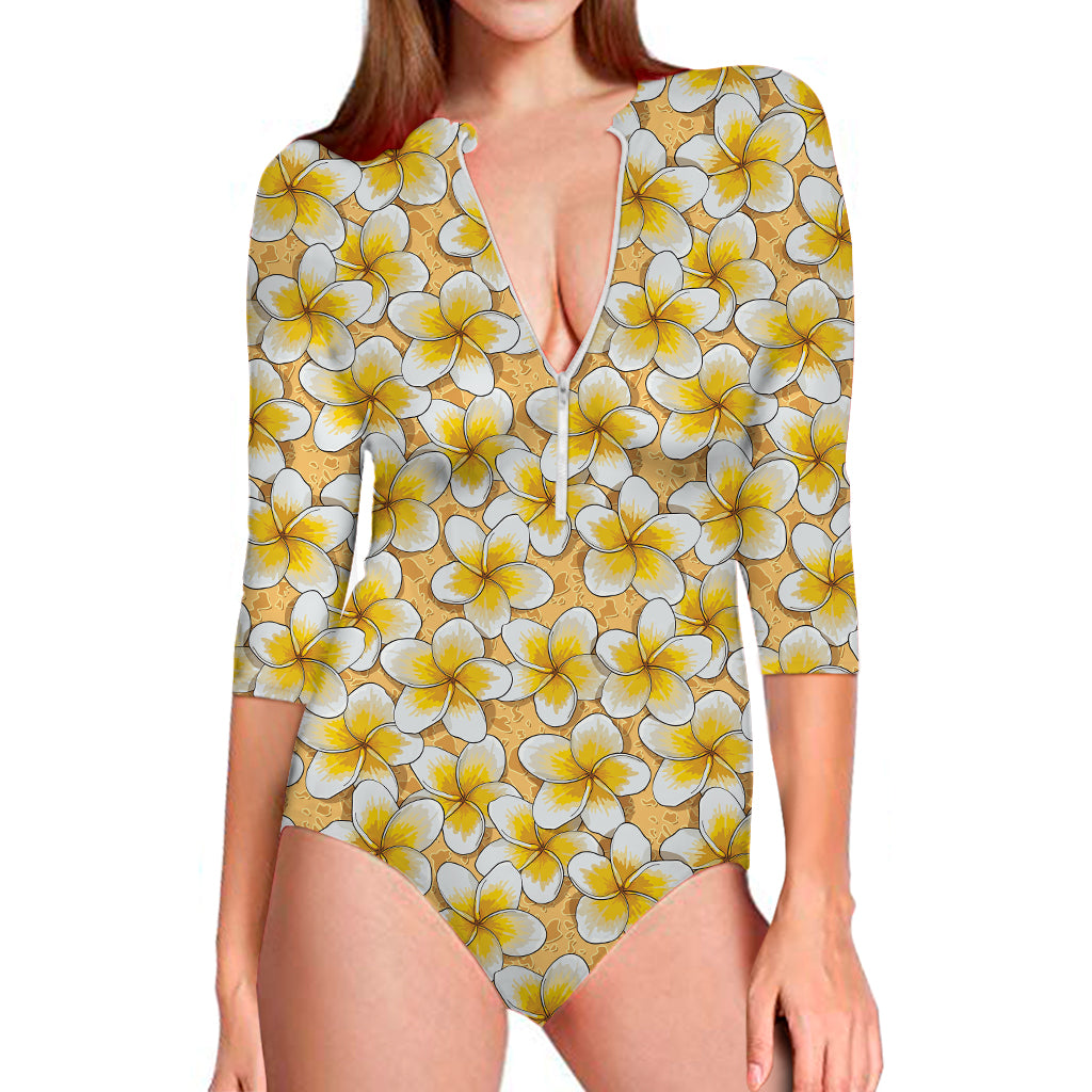 Frangipani Flower Pattern Print Long Sleeve Swimsuit