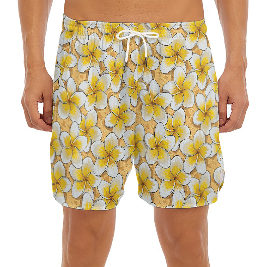 Frangipani Flower Pattern Print Men's Split Running Shorts
