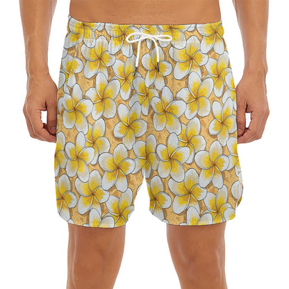 Frangipani Flower Pattern Print Men's Split Running Shorts
