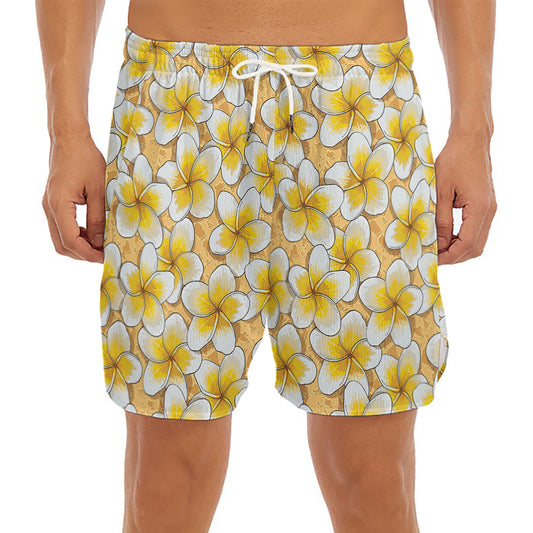 Frangipani Flower Pattern Print Men's Split Running Shorts