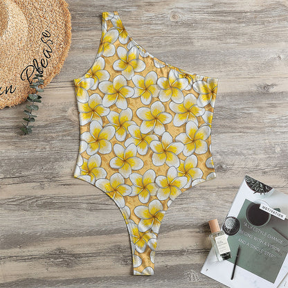 Frangipani Flower Pattern Print One Shoulder Bodysuit