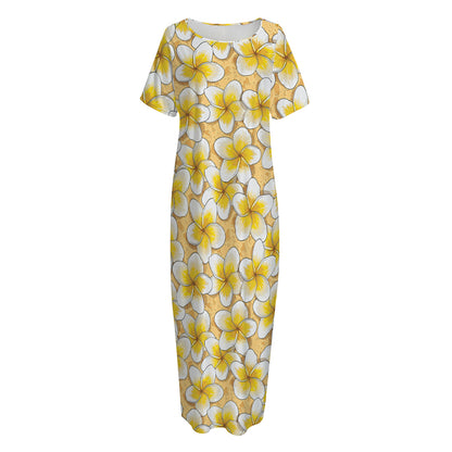 Frangipani Flower Pattern Print Short Sleeve Long Nightdress