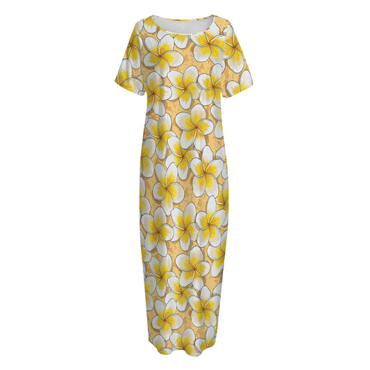 Frangipani Flower Pattern Print Short Sleeve Long Nightdress