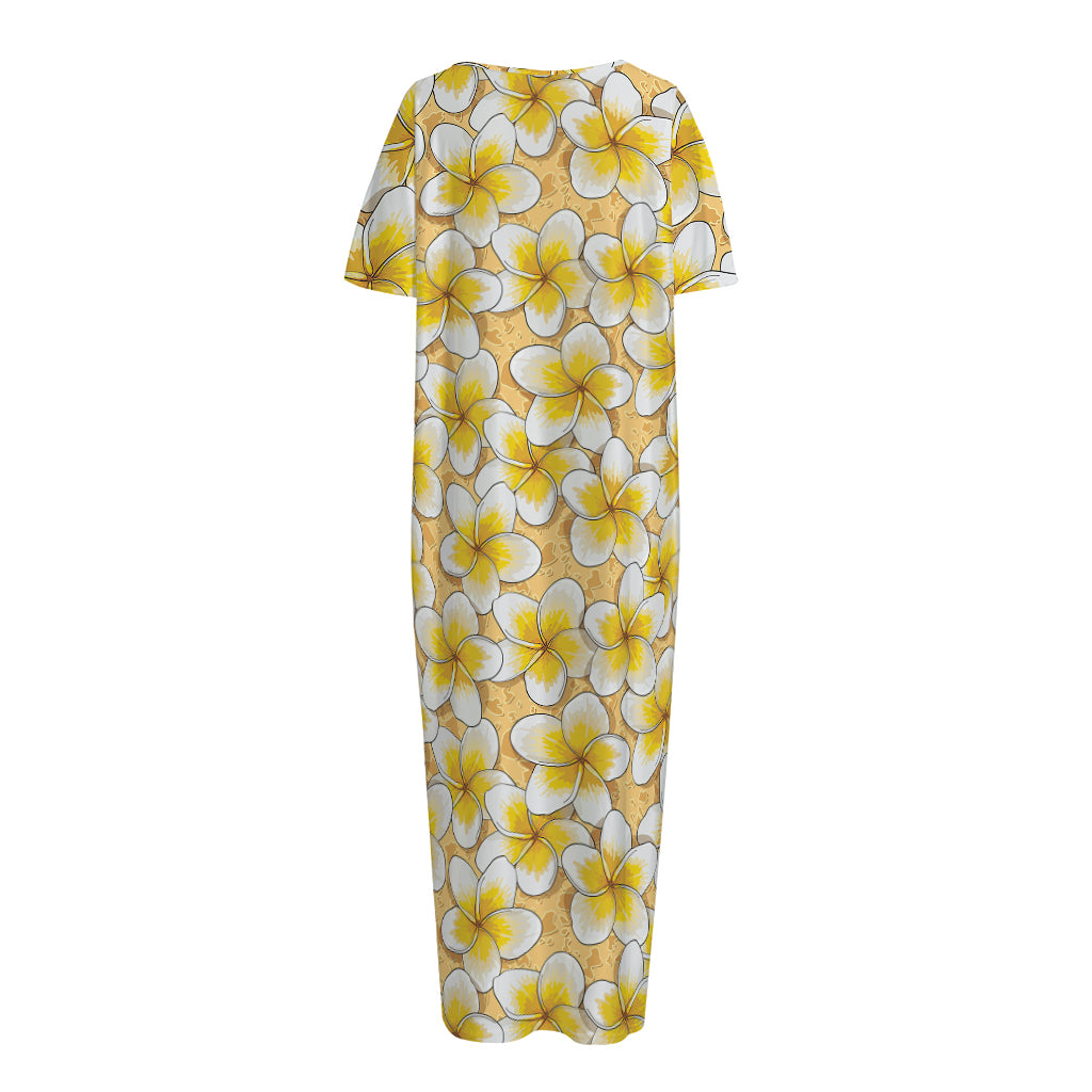 Frangipani Flower Pattern Print Short Sleeve Long Nightdress