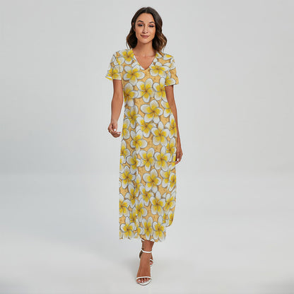 Frangipani Flower Pattern Print Short Sleeve Maxi Dress