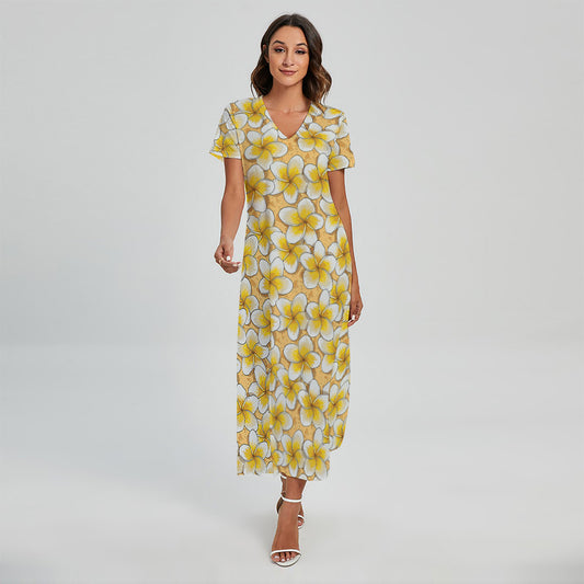 Frangipani Flower Pattern Print Short Sleeve Maxi Dress