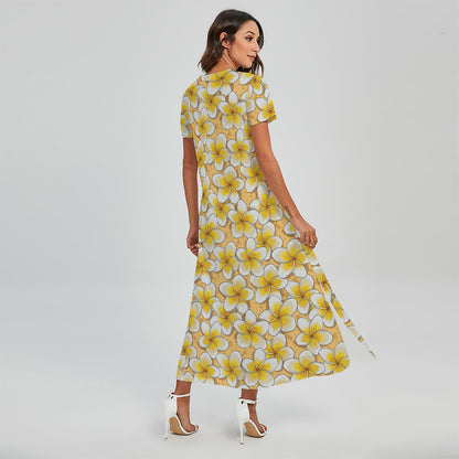 Frangipani Flower Pattern Print Short Sleeve Maxi Dress