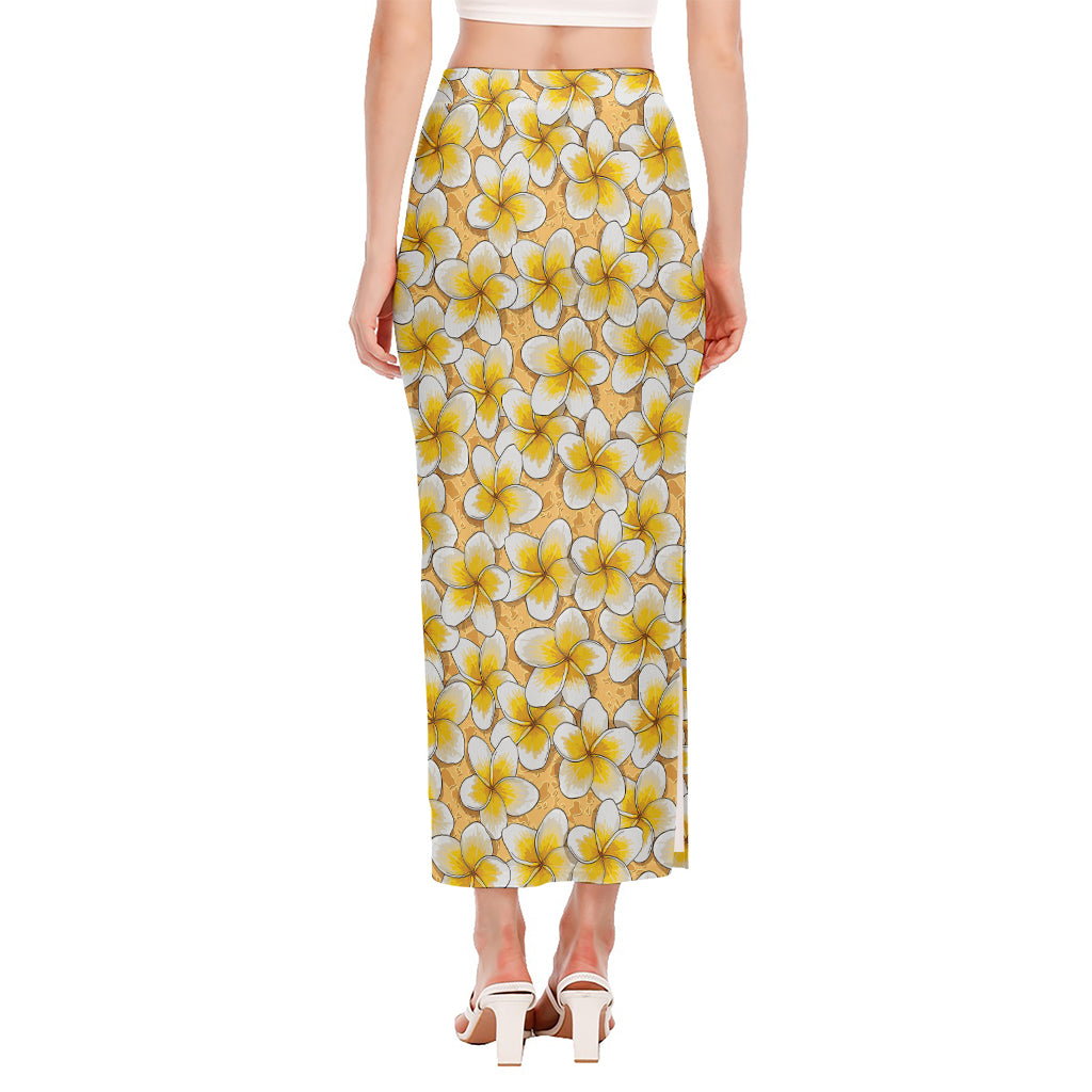 Frangipani Flower Pattern Print Side Slit Maxi Skirt