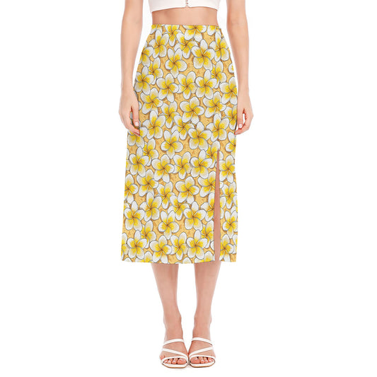 Frangipani Flower Pattern Print Side Slit Midi Skirt