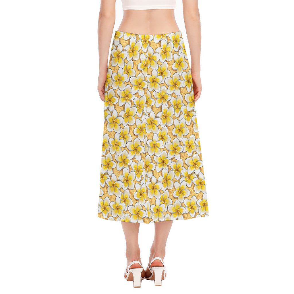 Frangipani Flower Pattern Print Side Slit Midi Skirt