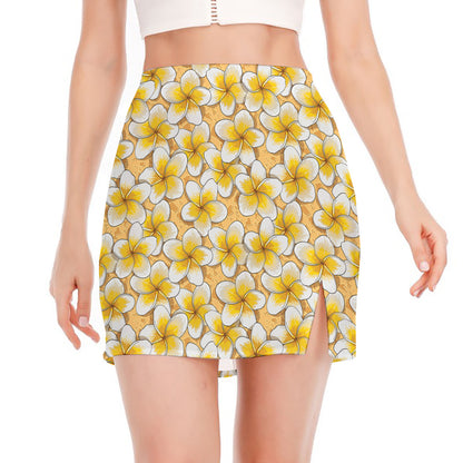 Frangipani Flower Pattern Print Side Slit Mini Skirt