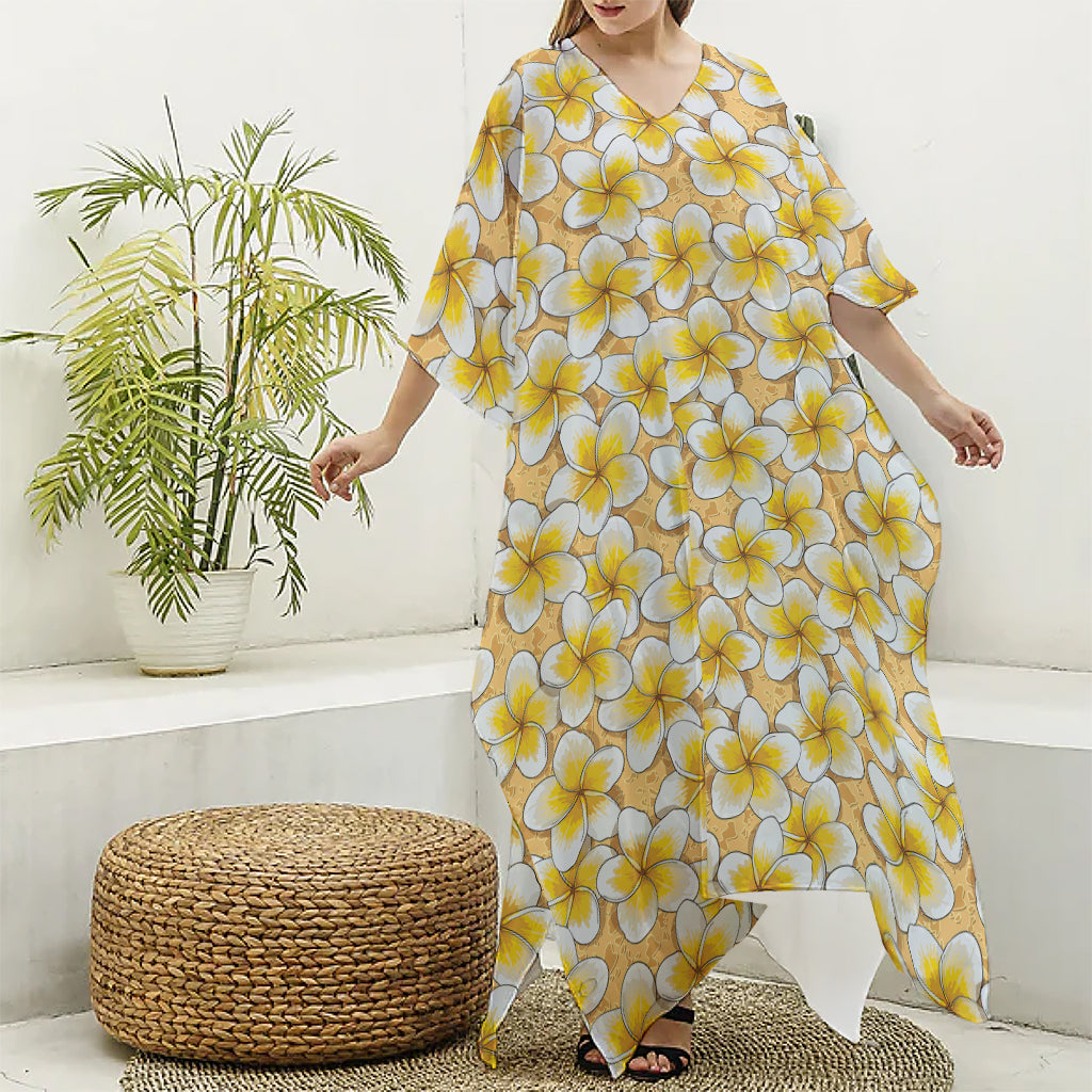 Frangipani Flower Pattern Print Silk V-Neck Kaftan Dress