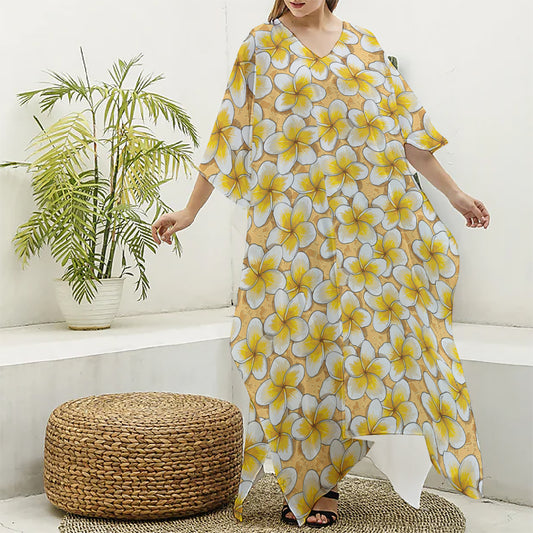 Frangipani Flower Pattern Print Silk V-Neck Kaftan Dress