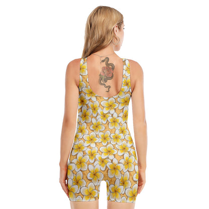 Frangipani Flower Pattern Print Sleeveless One Piece Swimsuit