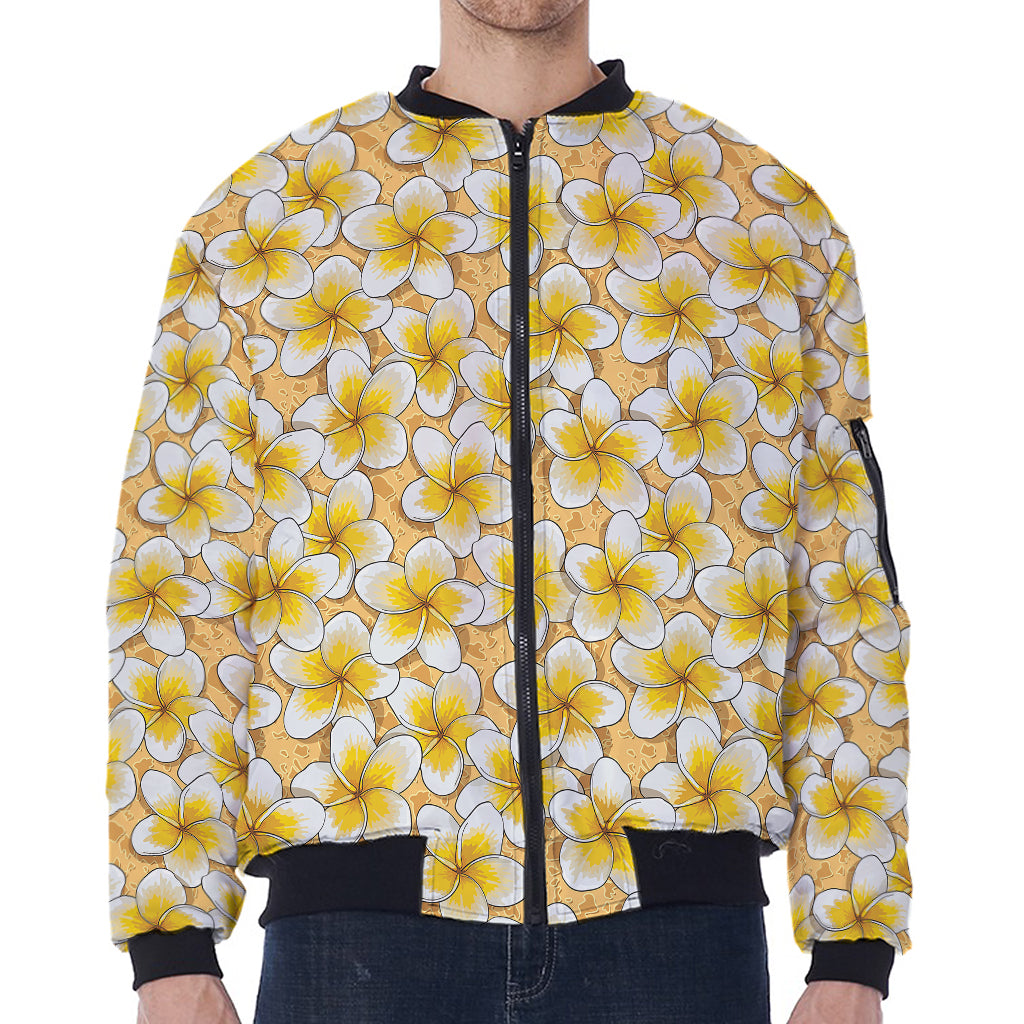 Frangipani Flower Pattern Print Zip Sleeve Bomber Jacket